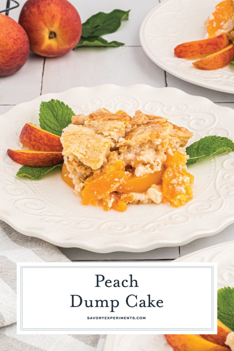 peach dump cake on a white plate with text overlay for pinterest