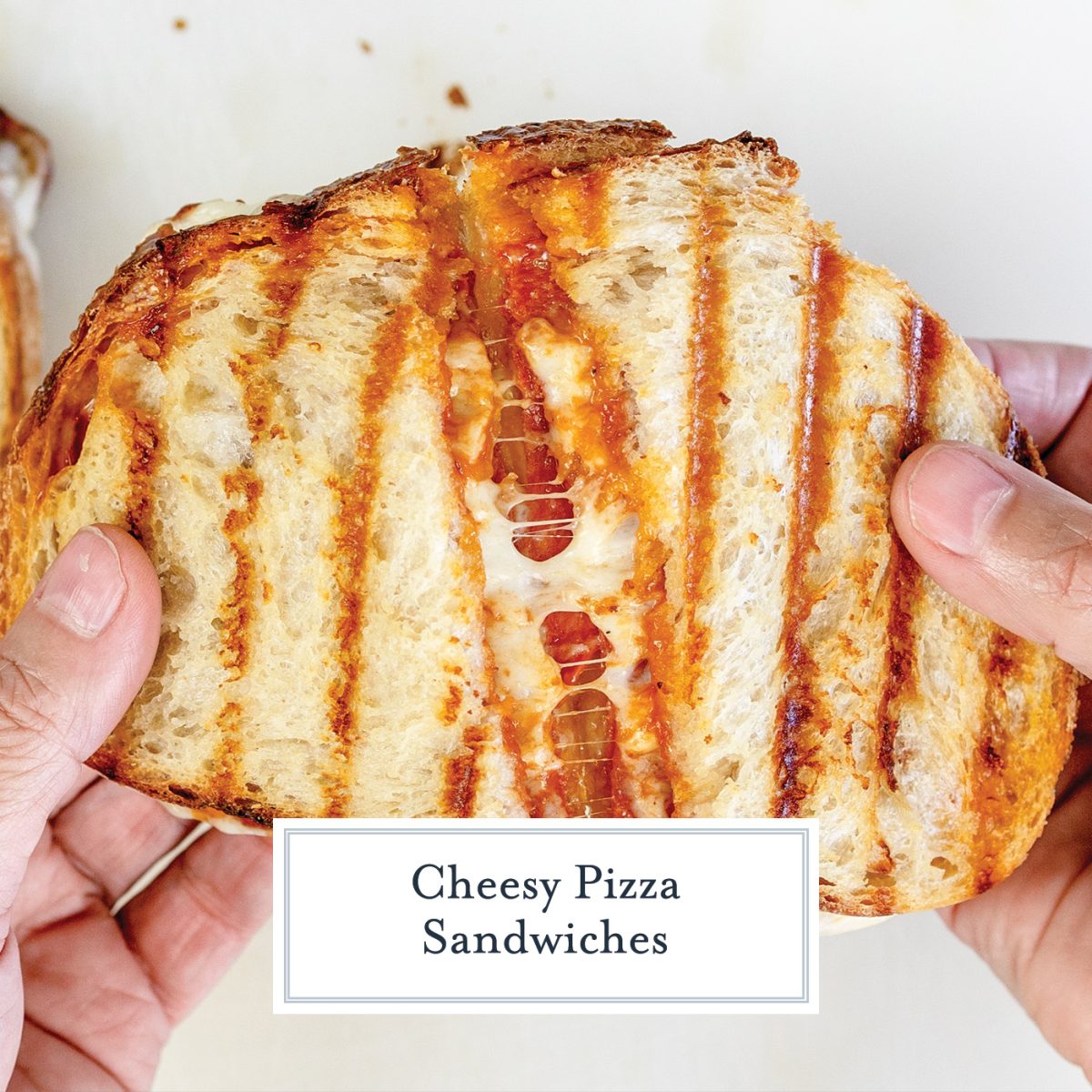 pizza sandwich cut in half with text overlay for facebook