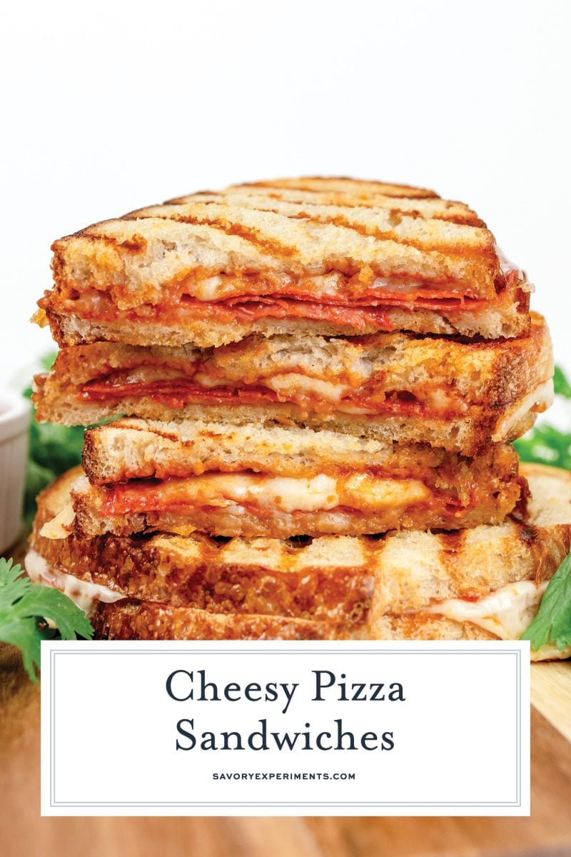 stack of pizza sandwiches with text overlay for pinterest