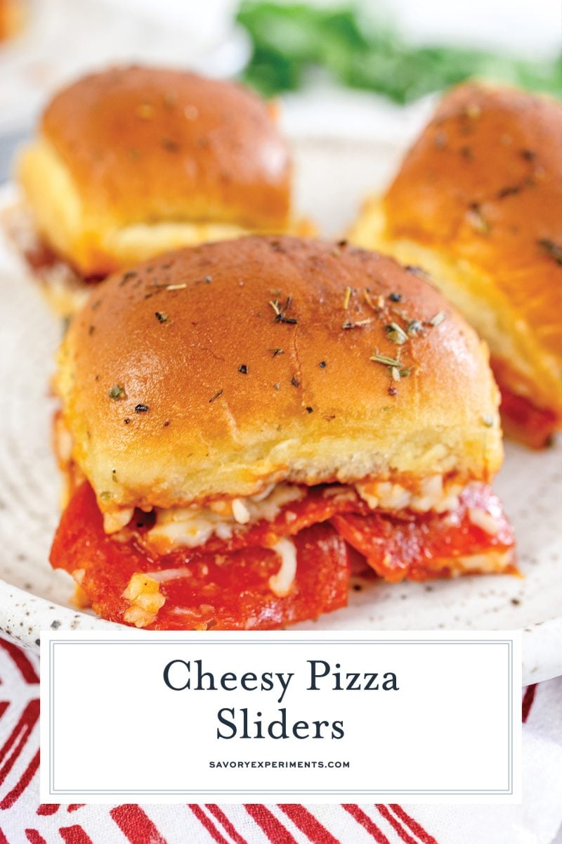 pizza slider on a plate with text overlay for pinterest