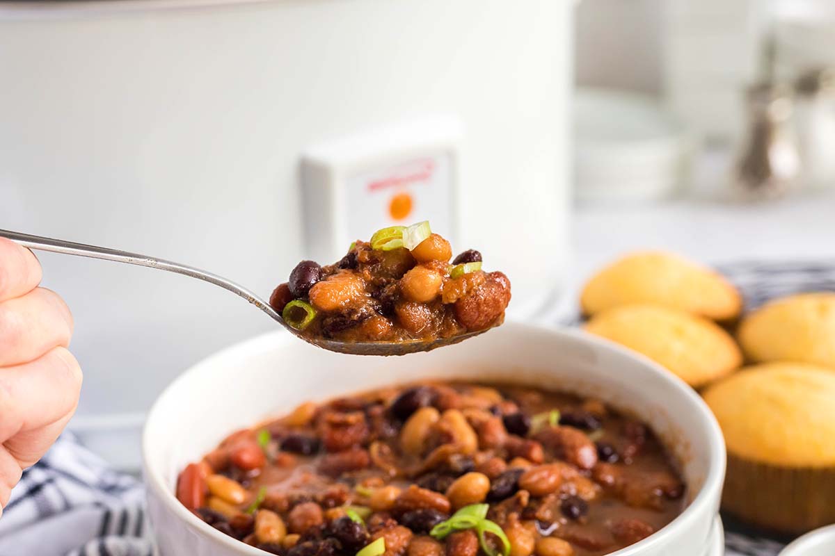 straight on shot of spoon of homemade baked beans