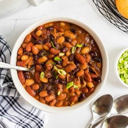 overhead shot of bowl of slow cooker baked beans