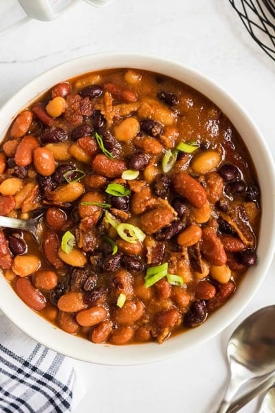 overhead shot of bowl of slow cooker baked beans