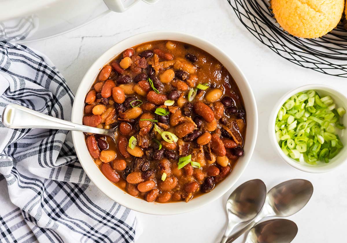 overhead shot of bowl of slow cooker baked beans