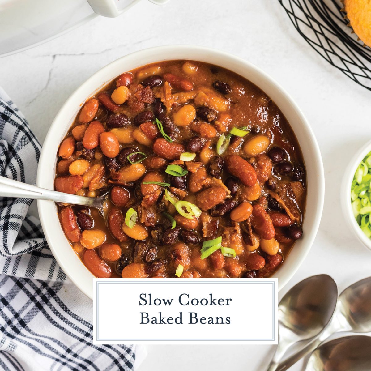 overhead shot of bowl of slow cooker baked beans with text overlay for facebook