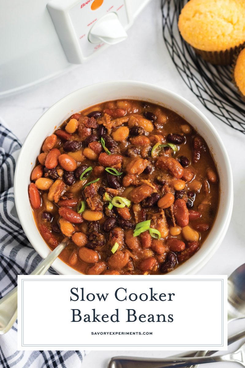 overhead shot of bowl of slow cooker baked beans with text overlay for pinterest