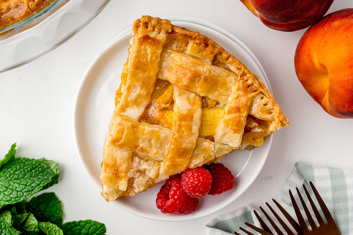 overhead shot of slice of southern peach pie