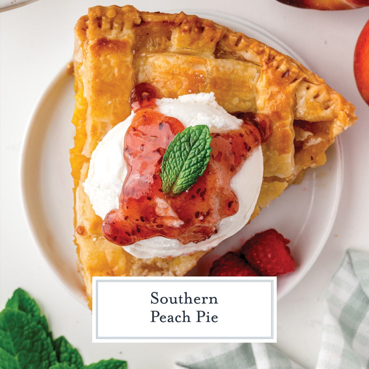 slice of peach pie with ice cream with text overlay for facebook