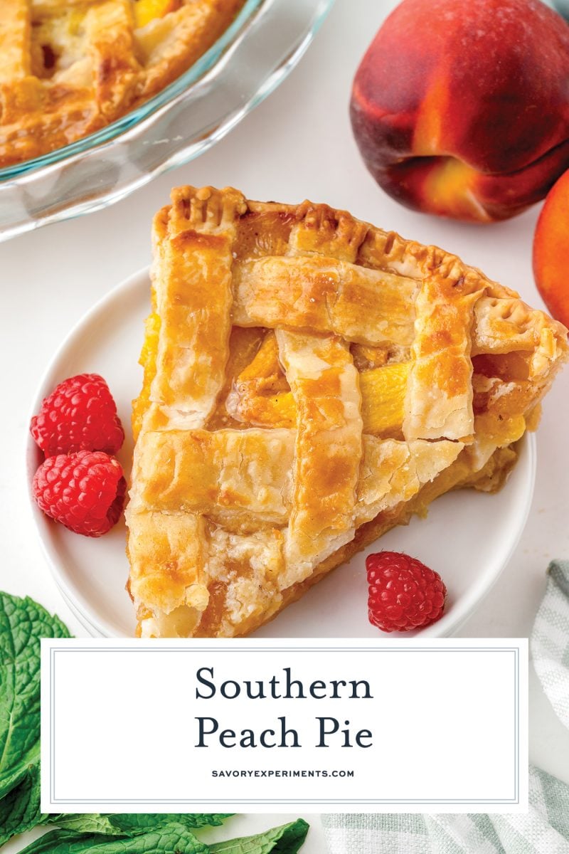 slice of southern peach pie on a plate with text overlay for pinterest
