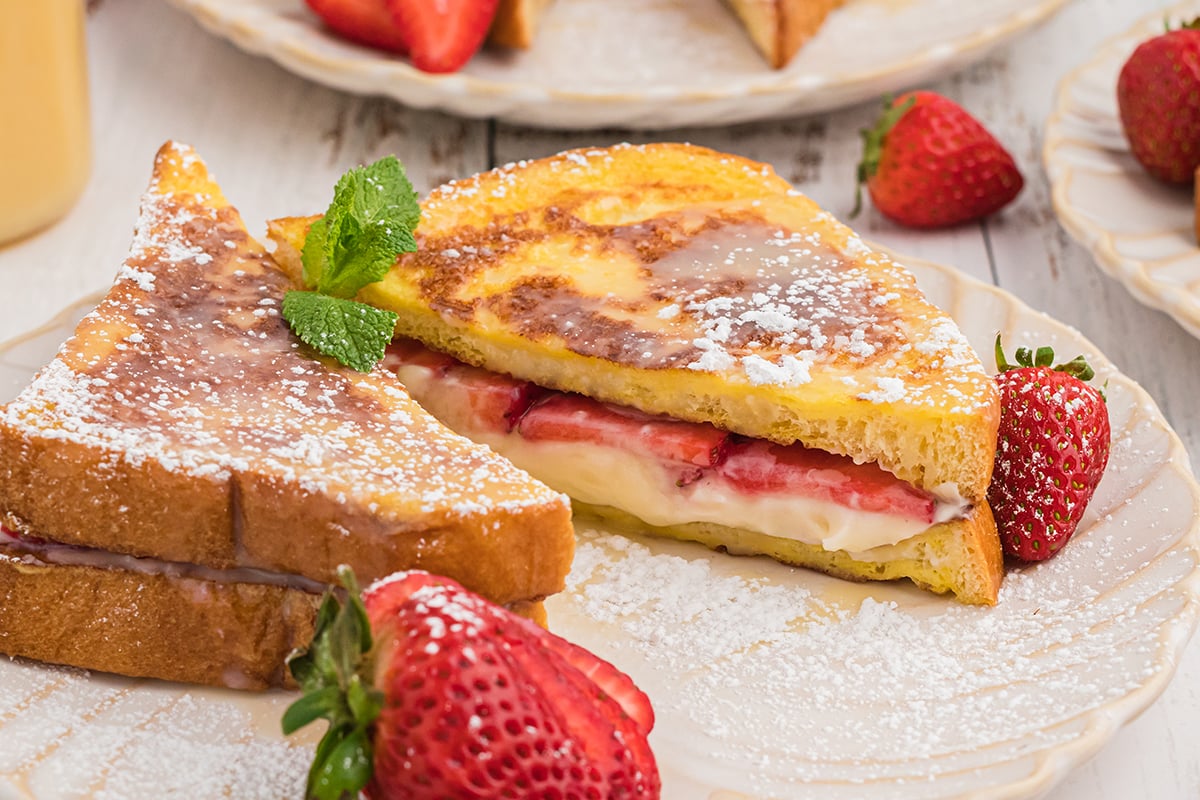 cross sectional view of stuffed french toast with mascarpone filling
