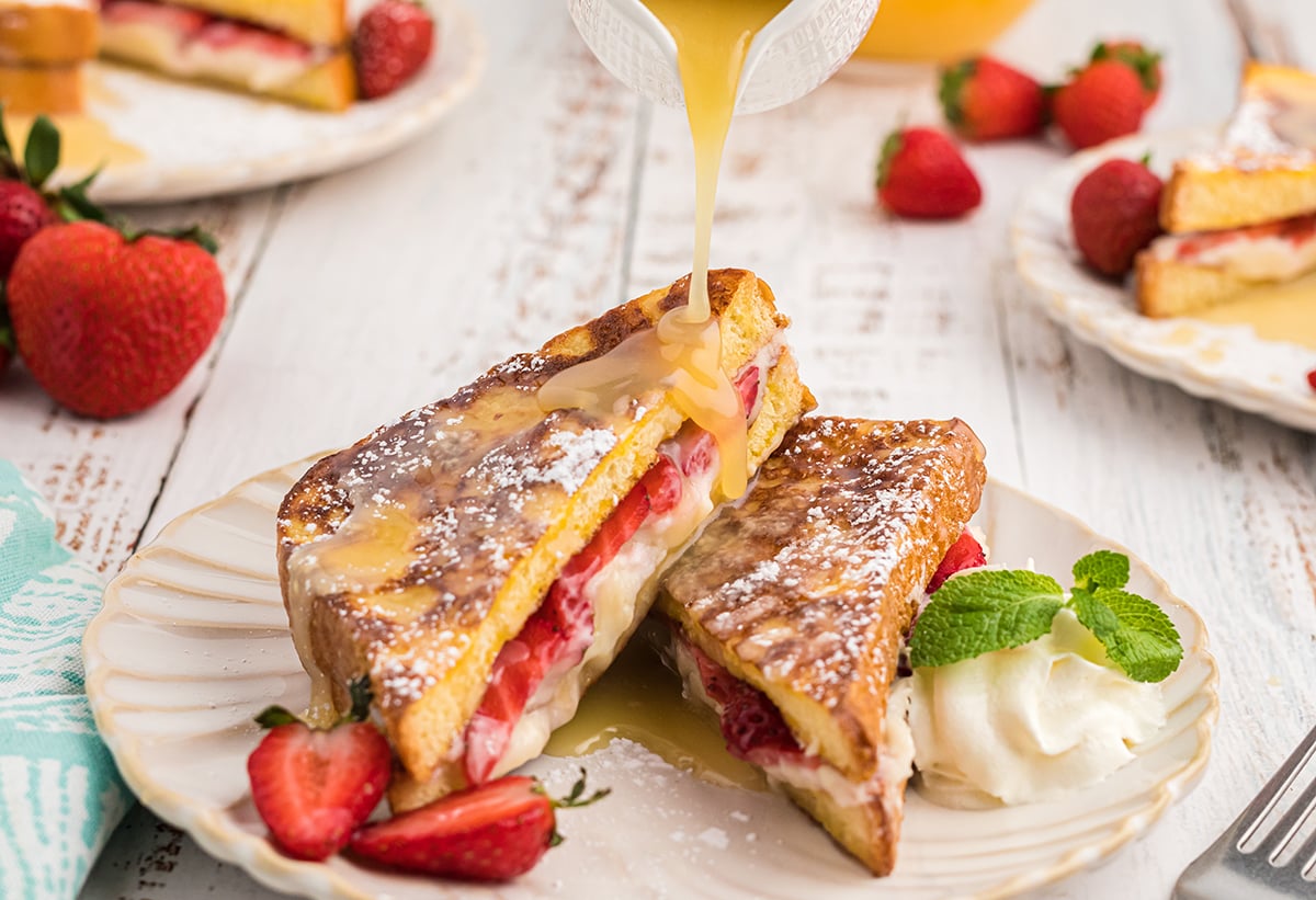 syrup pouring over stuffed french toast