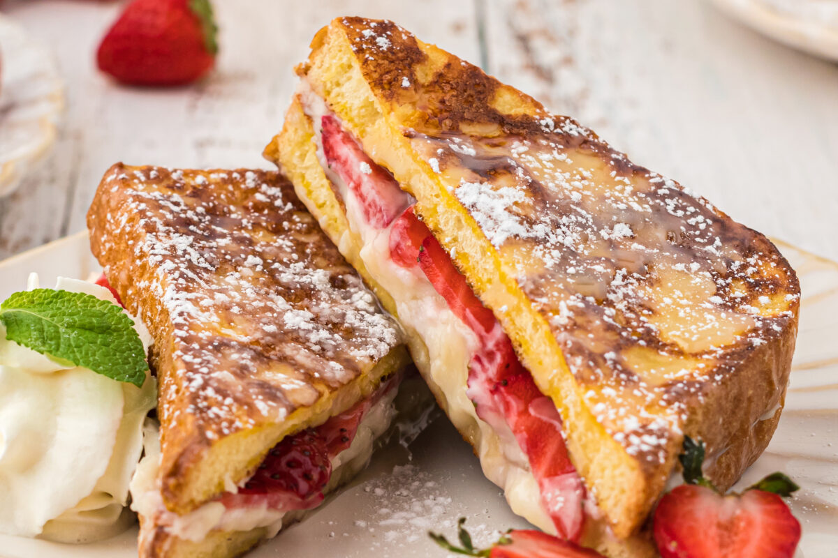 close up of sliced mascarpone french toast 