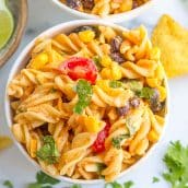 overhead shot of bowl of taco pasta salad