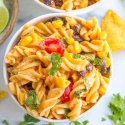 overhead shot of bowl of taco pasta salad