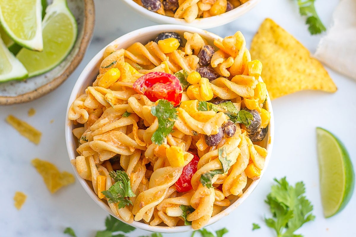 overhead shot of bowl of taco pasta salad