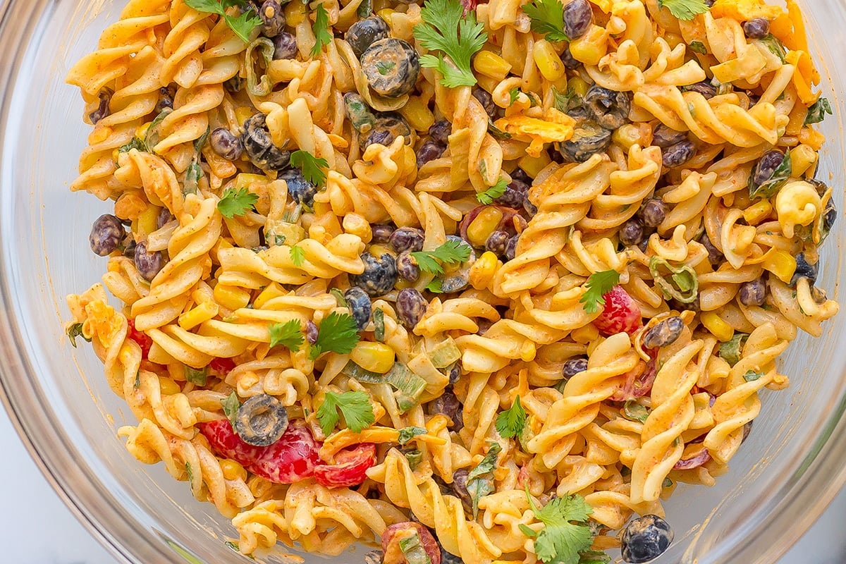 taco pasta salad mixed up in a bowl