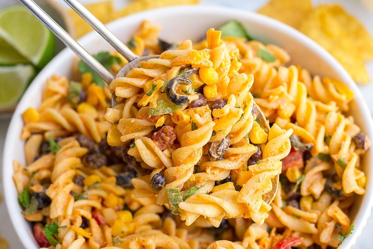 taco pasta salad on a spoon