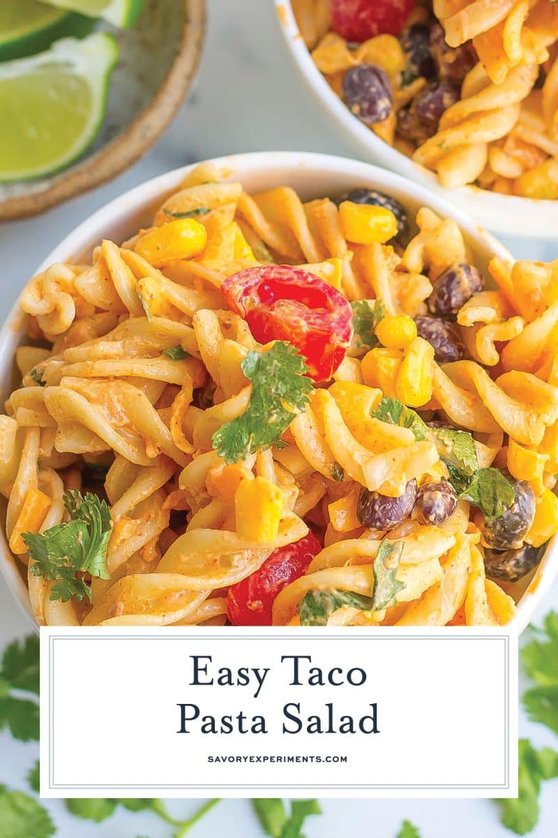 taco pasta salad in a bowl with text overlay for pinterest