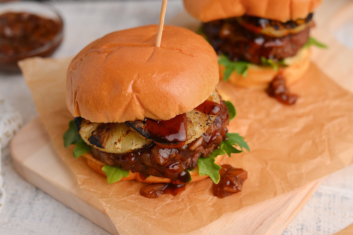 angle of toppings falling off a teriyaki burger