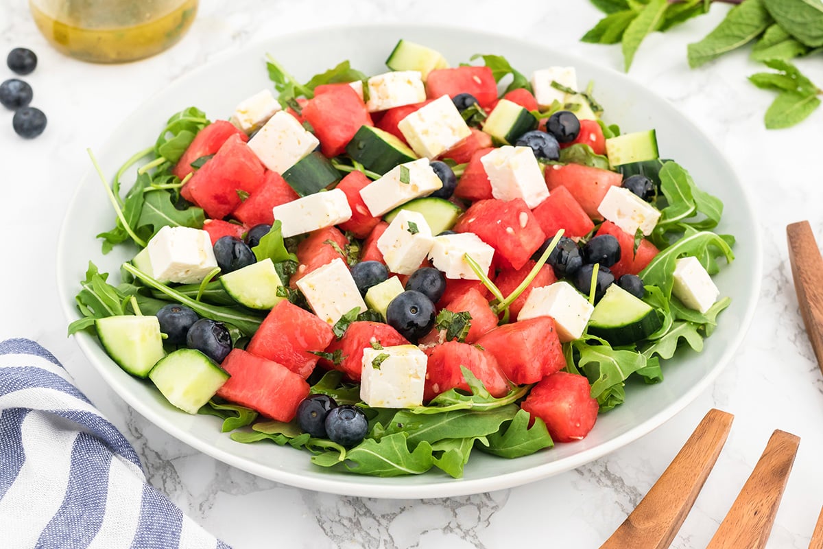 angled shot of watermelon feta salad in a bowl