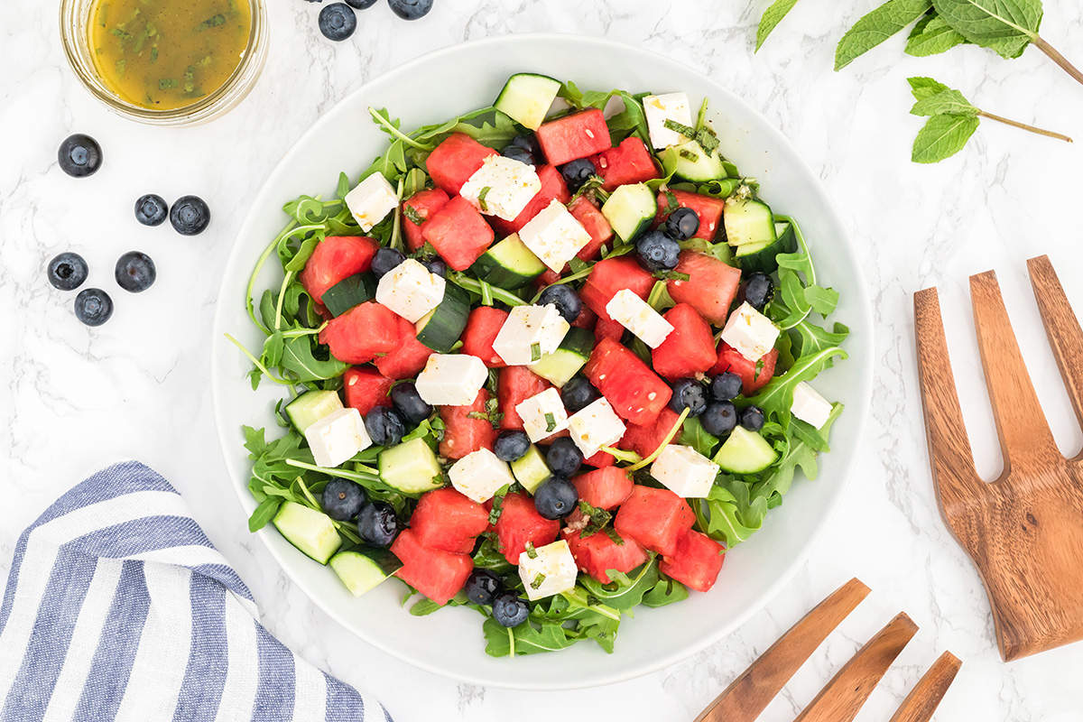 overhead shot of bowl of watermelon feta salad