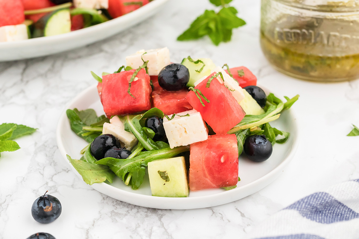 straight on shot of plate of watermelon feta salad