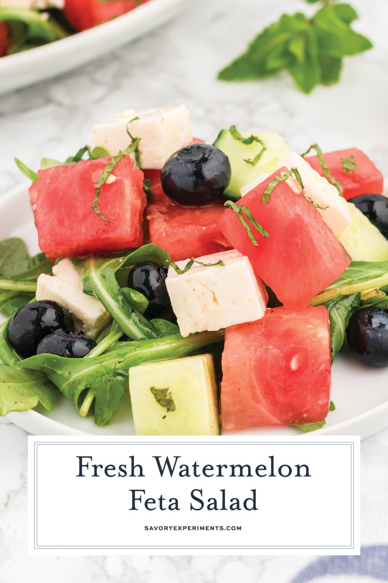 close up of watermelon feta salad on a plate with text overlay for pinterest