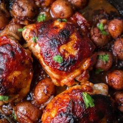 close up of chicken thighs and potatoes