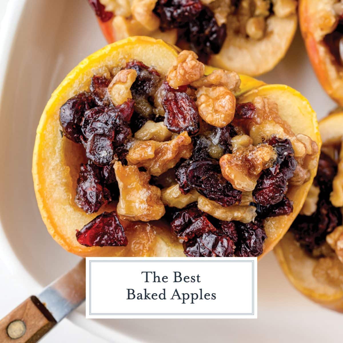 overhead shot of stuffed apples with text overlay for facebook