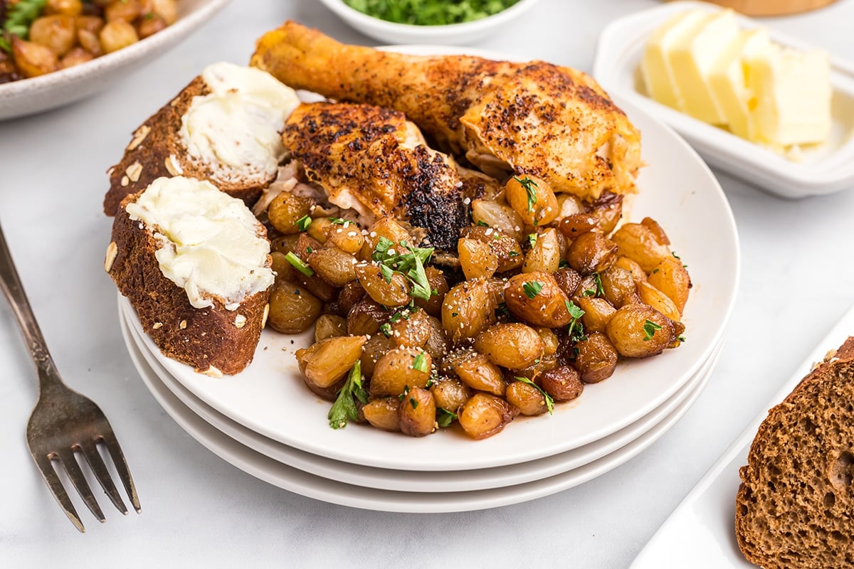 balsamic onions served with roast chicken and bread