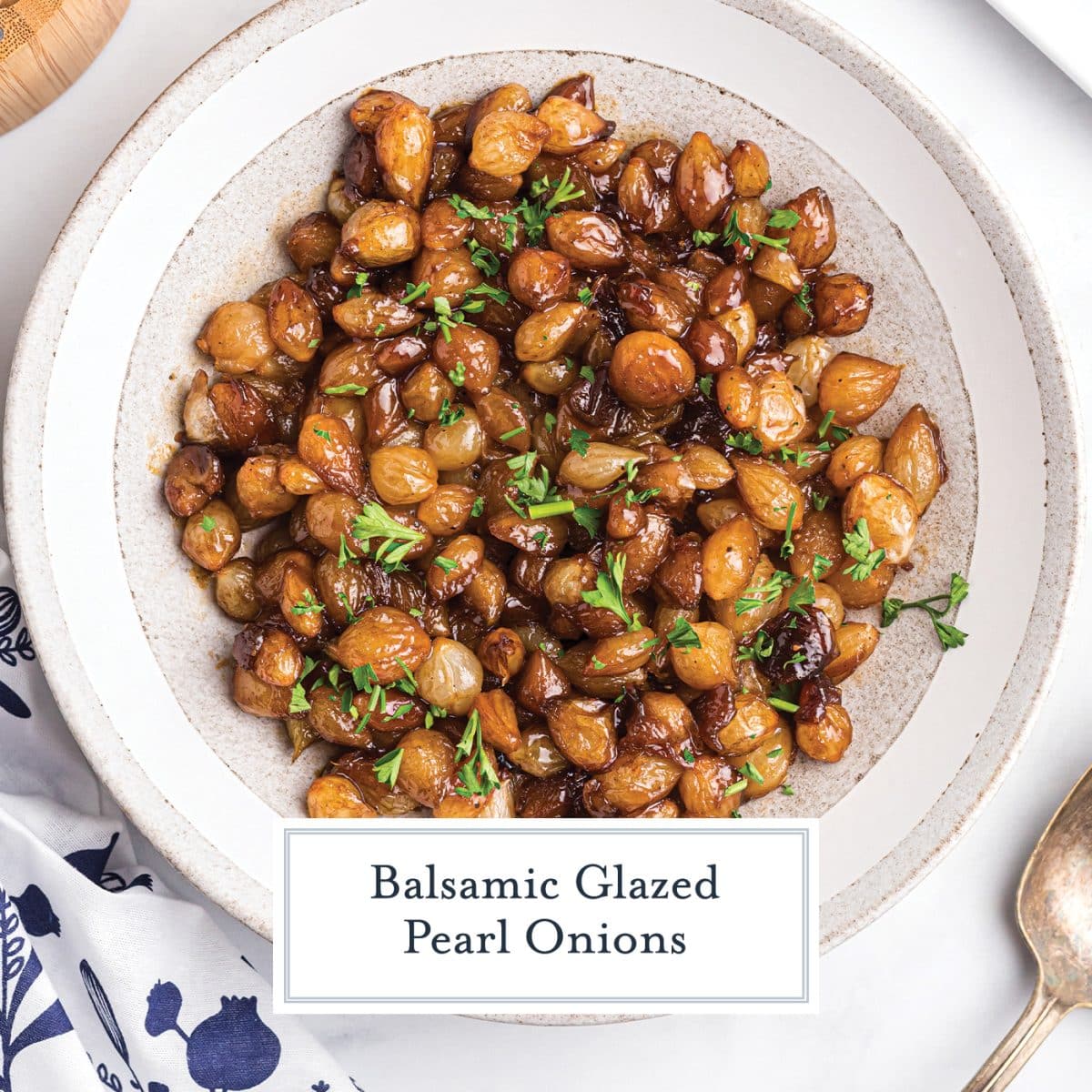 balsamic glazed onions in a white bowl