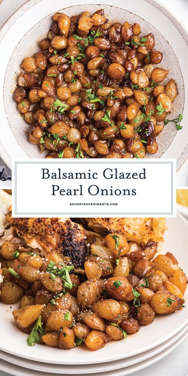 collage of balsamic glazed pearl onions