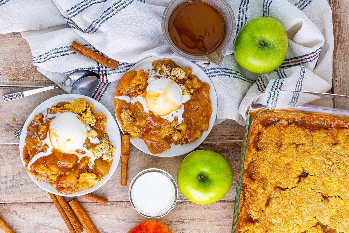 overhead serving apple cake