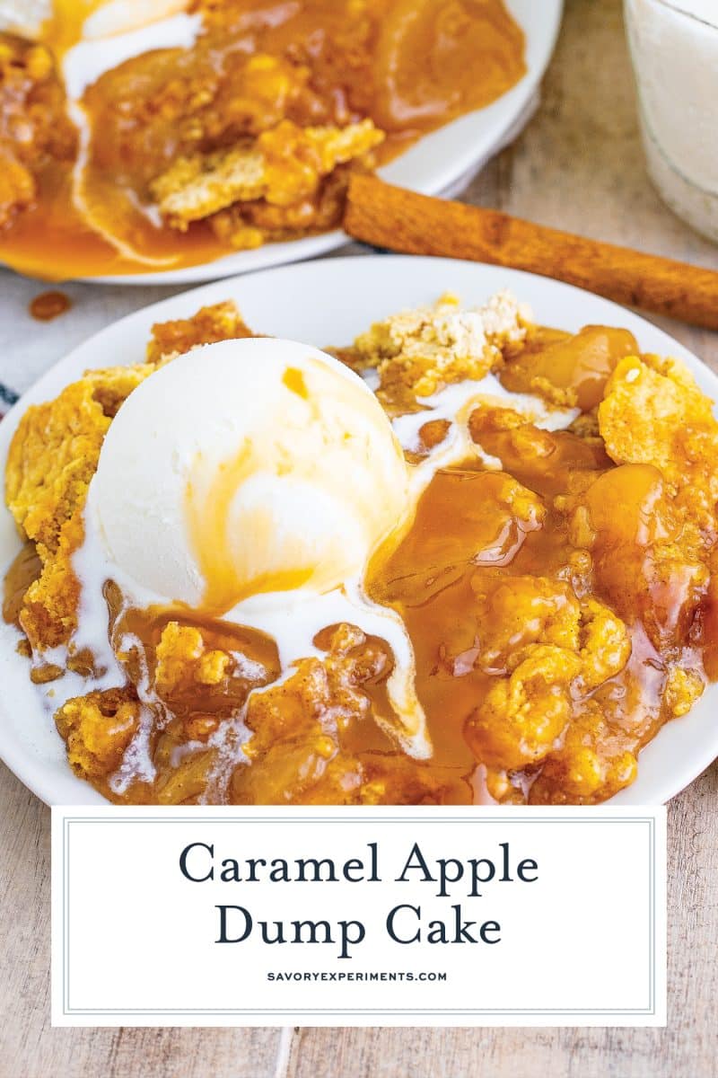close up of apple dump cake with caramel sauce and ice cream