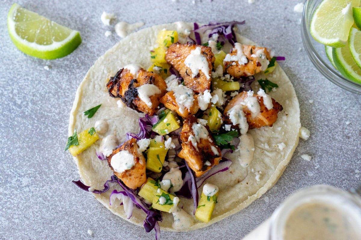 overhead shot of open face fish taco