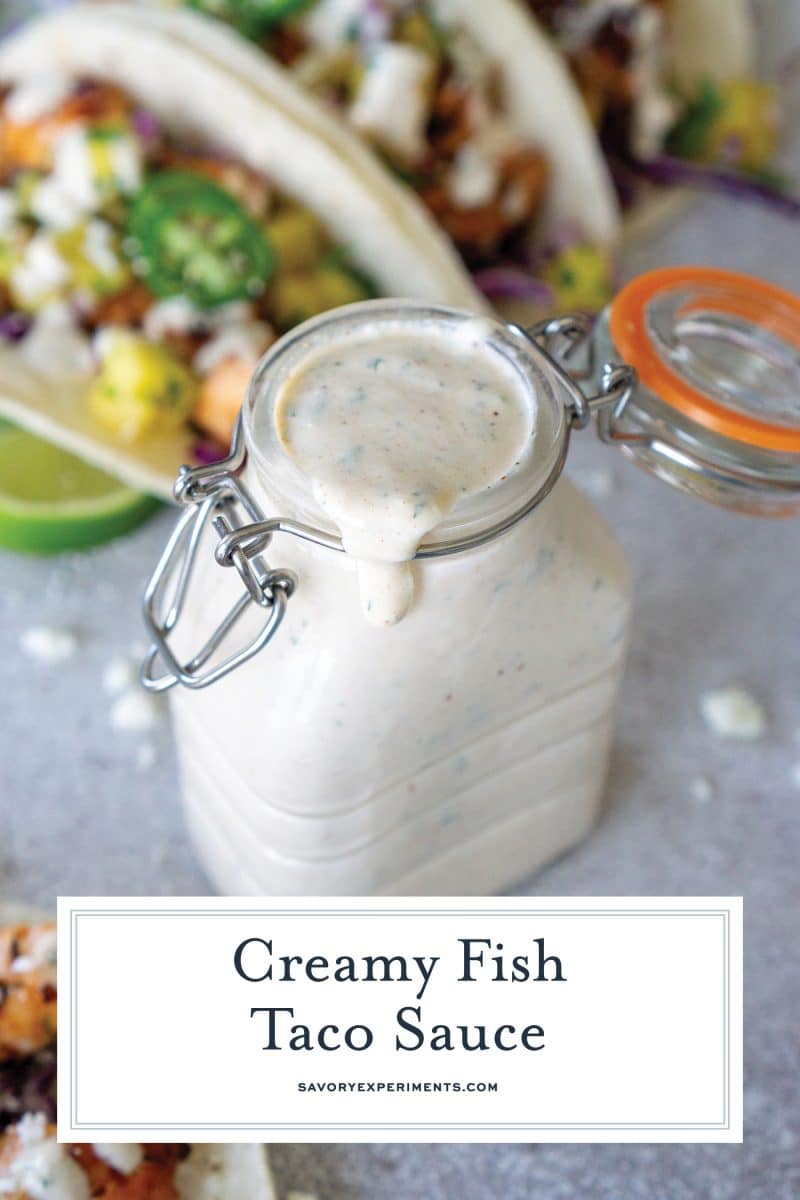 jar of fish taco sauce with text overlay for pinterest