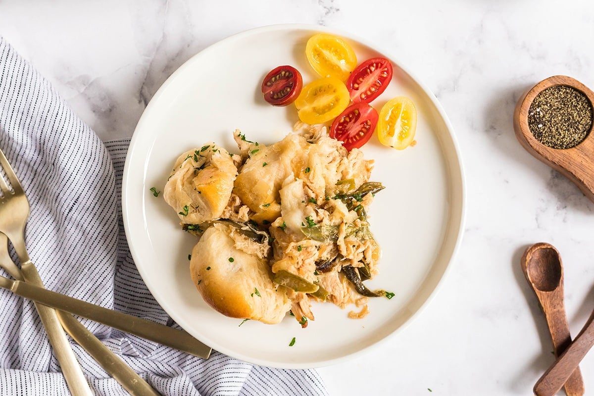 overhead shot of serving of french onion chicken casserole on plate