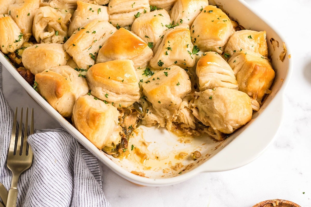 overhead shot of baking dish of french onion chicken casserole