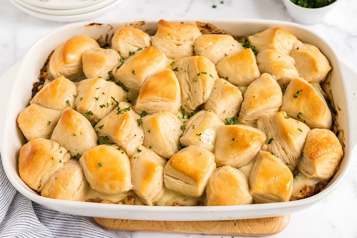 overhead shot of pan of french onion chicken casserole