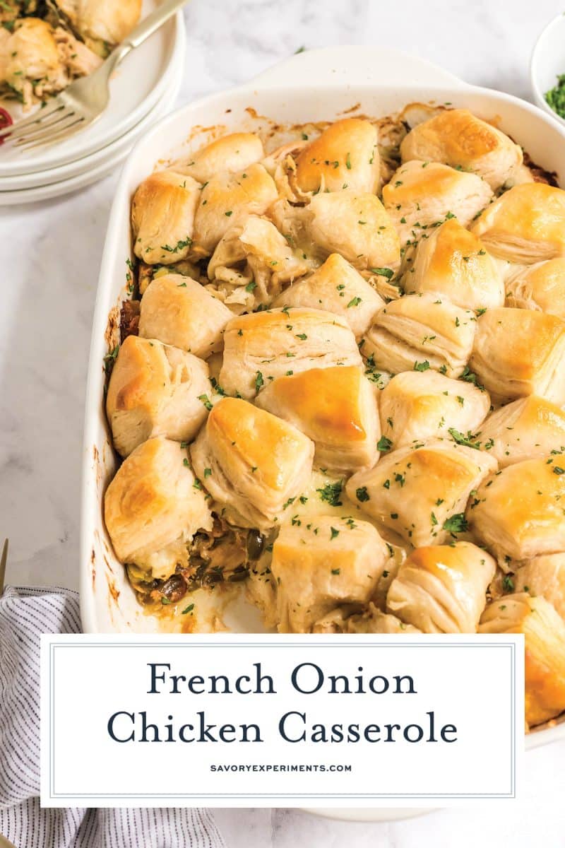 baking dish of french onion chicken casserole with text overlay for pinterest