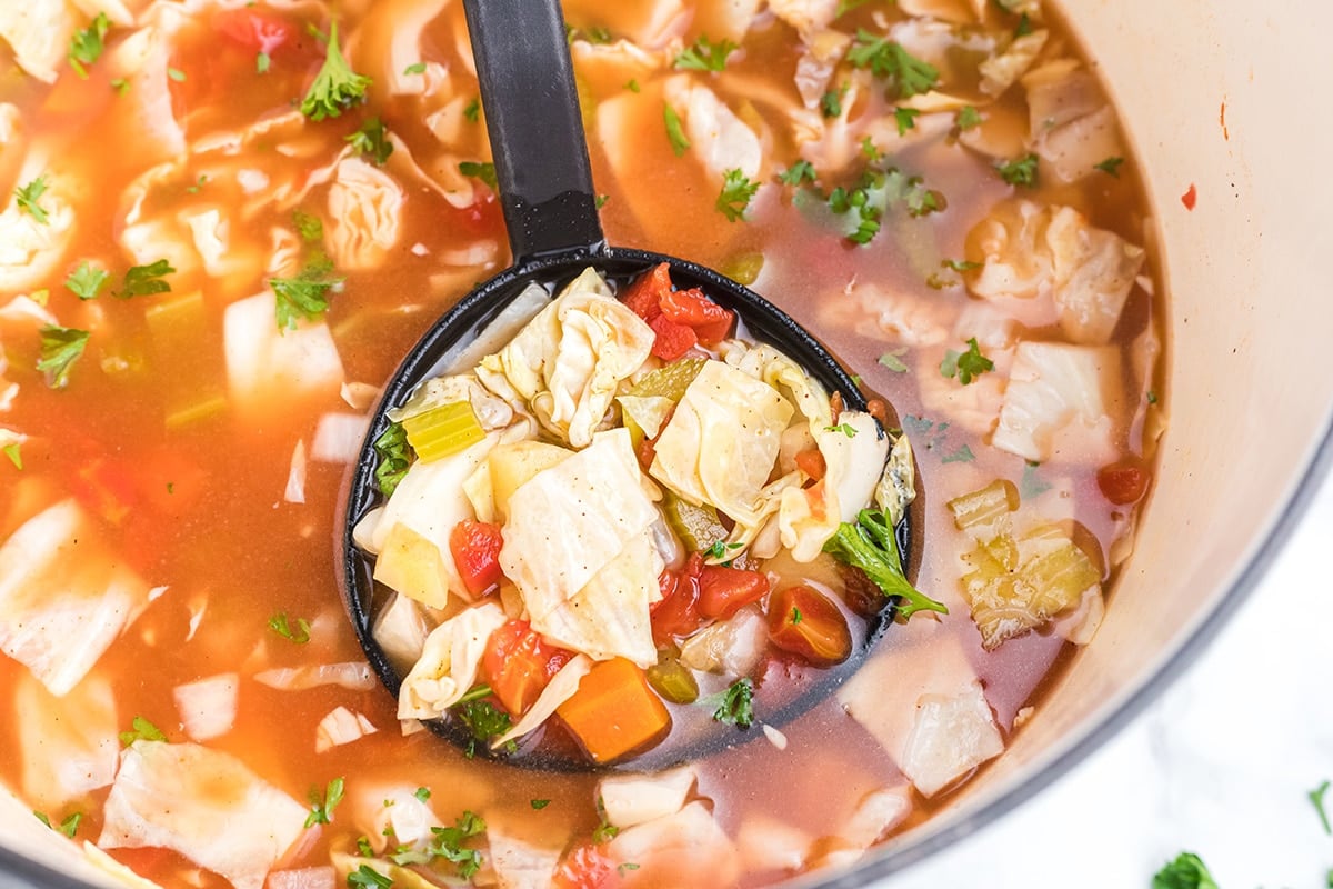 cabbage soup in a ladle