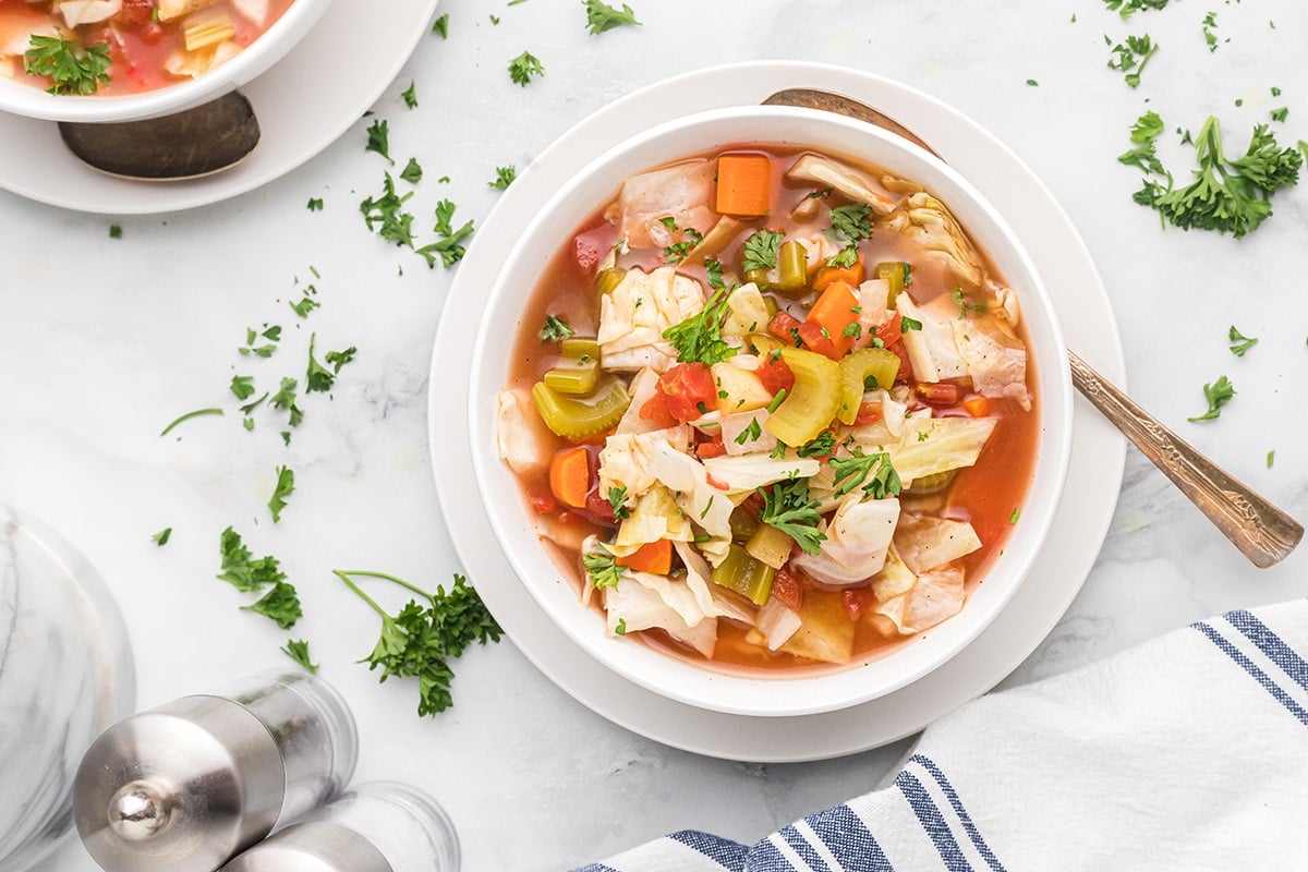 overhead shot of bowl of healthy cabbage soup