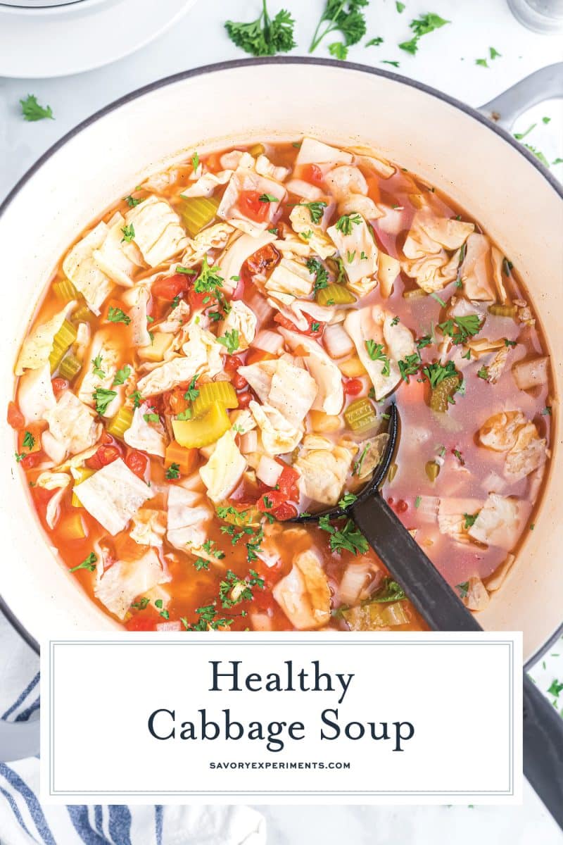pot of healthy cabbage soup with text overlay for pinterest
