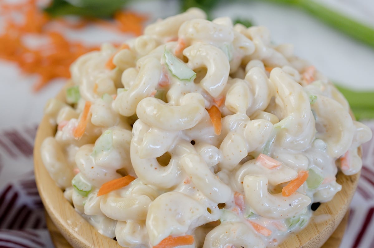 close up of bowl of macaroni salad