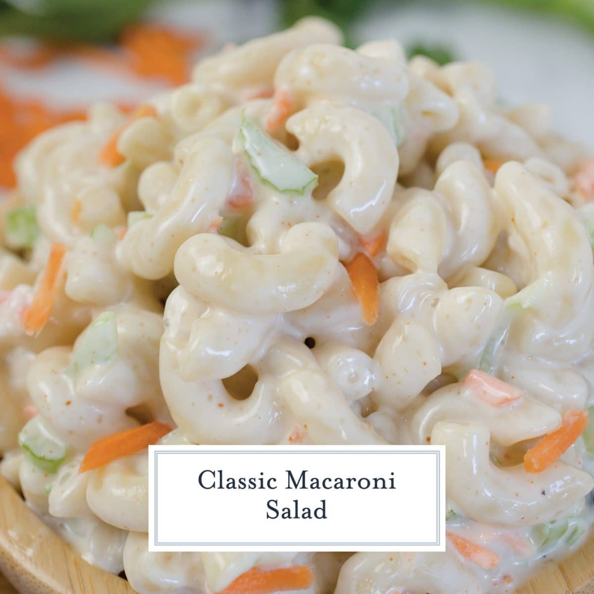 close up of macaroni salad with text overlay for facebook