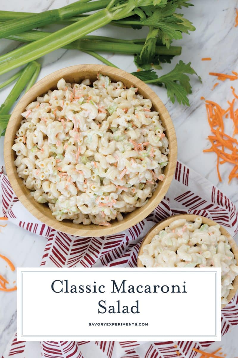 overhead shot of bowl of macaroni salad for pinterest