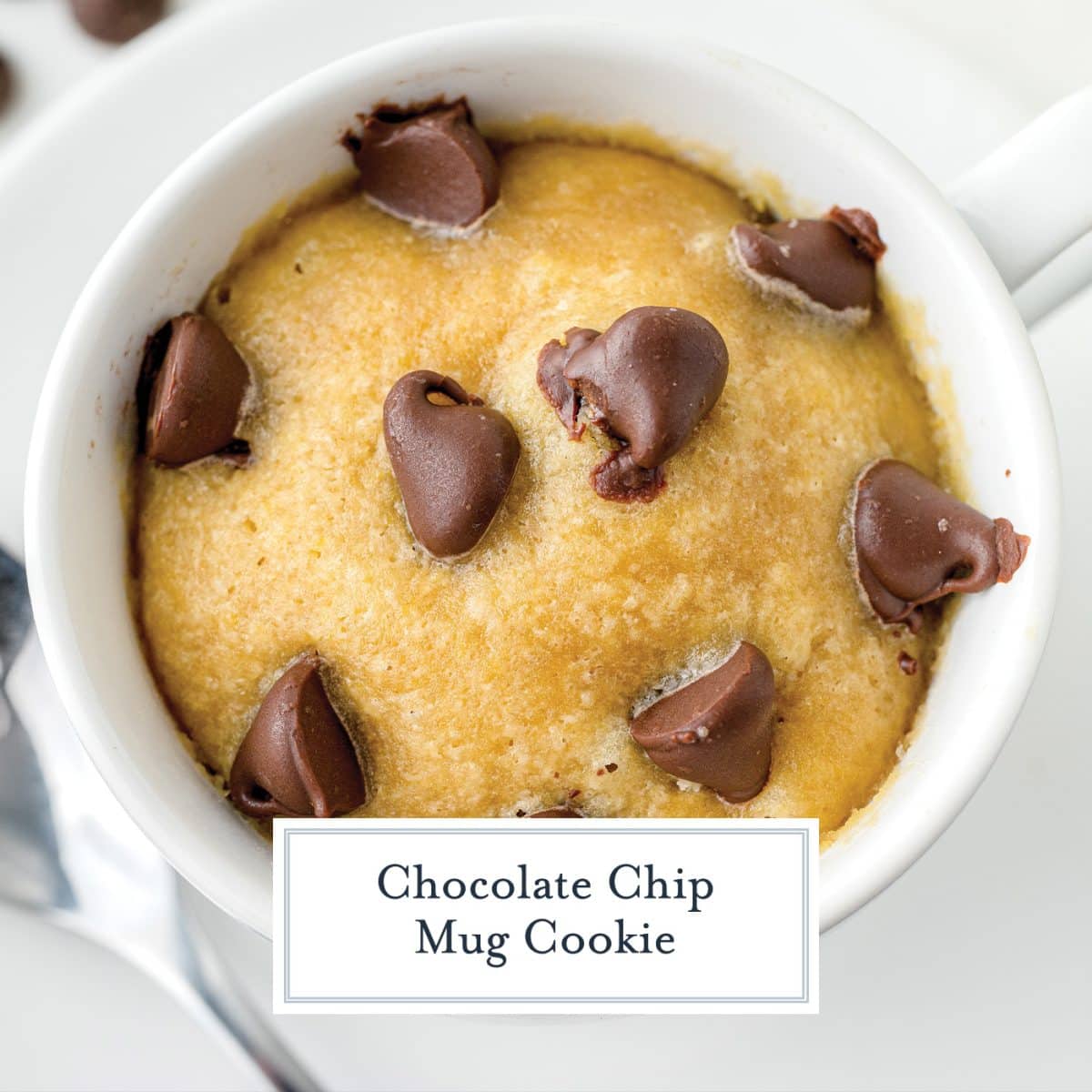 close up of mug cookie with melty chocolate chips