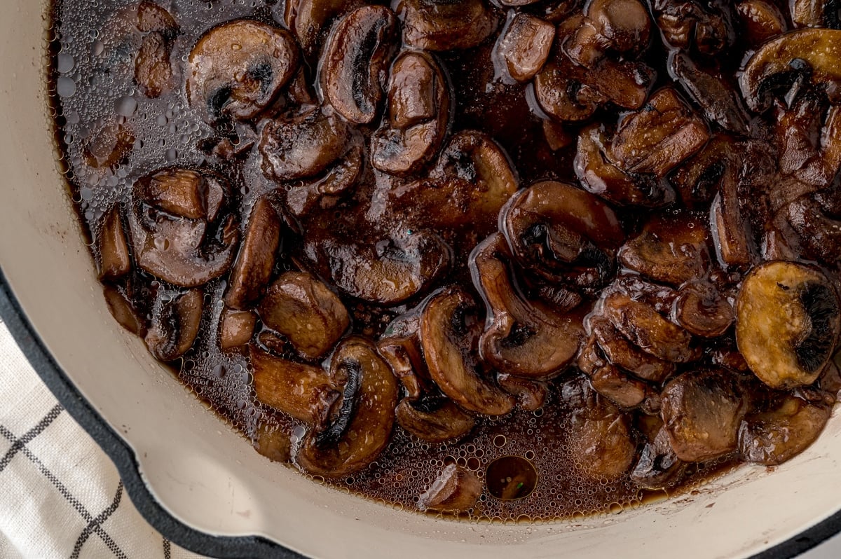 close up of mushroom sauce recipe in a skillet
