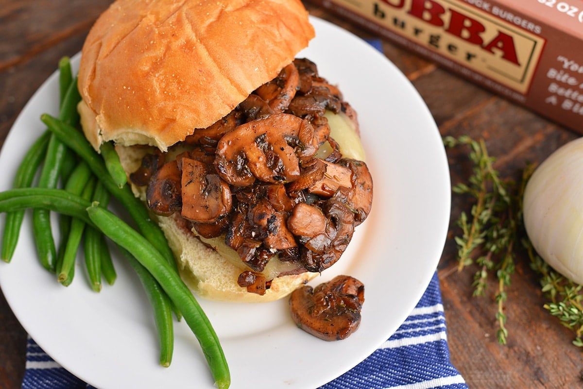 close up of mushroom gravy on a burger