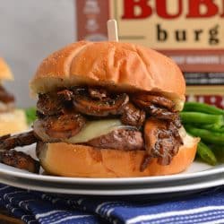 close up of mushroom swiss burger